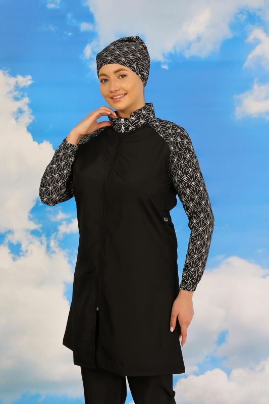 Moda Çizgi Kadın Pantolonlu Desenli Tam Tesettür Mayo Siyah 31072 - 1