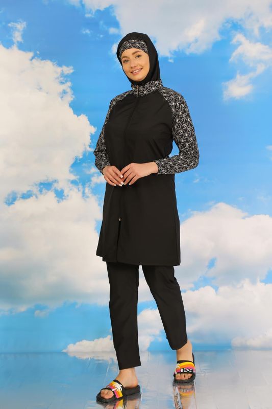 Moda Çizgi Kadın Pantolonlu Desenli Tam Tesettür Mayo Siyah 31072 - 2