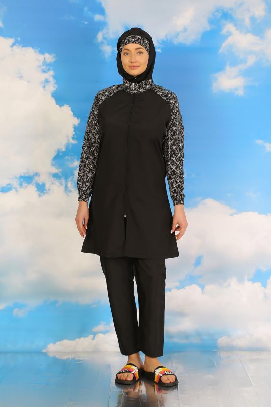 Moda Çizgi Kadın Pantolonlu Desenli Tam Tesettür Mayo Siyah 31072 - 3
