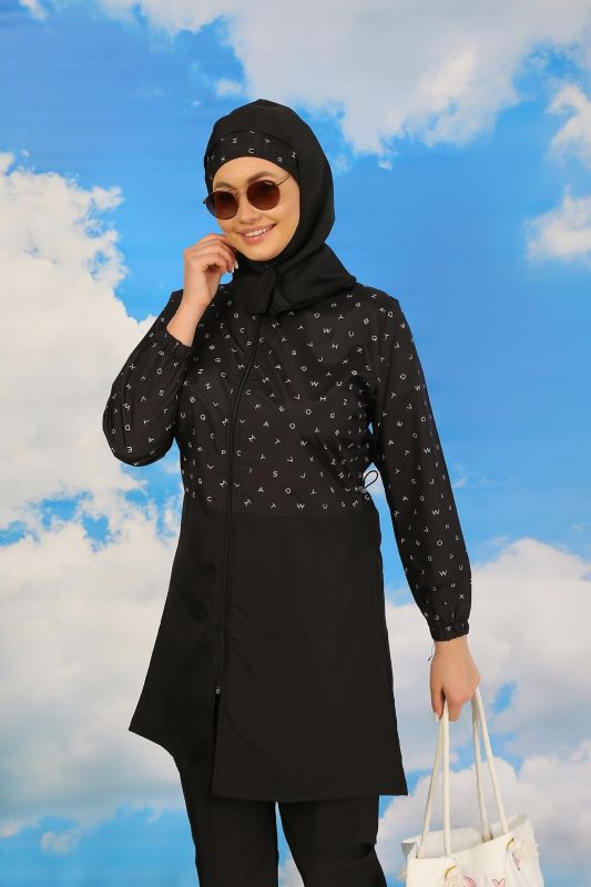 Moda Çizgi Kadın Pantolonlu Desenli Tam Tesettür Mayo Siyah 31074 - 1