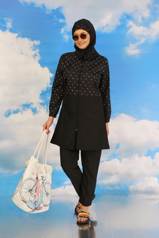 Moda Çizgi Kadın Pantolonlu Desenli Tam Tesettür Mayo Siyah 31074 - 3