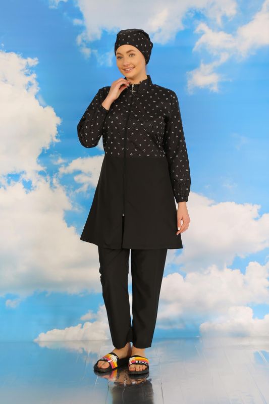 Moda Çizgi Kadın Pantolonlu Desenli Tam Tesettür Mayo Siyah 31074 - 4