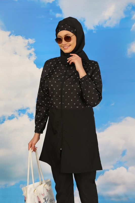 Moda Çizgi Kadın Pantolonlu Desenli Tam Tesettür Mayo Siyah 31074 - 6