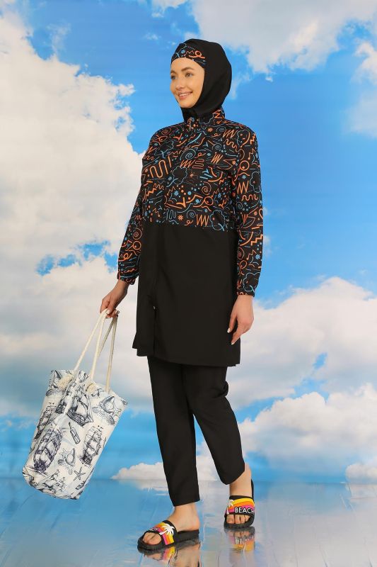 Moda Çizgi Kadın Pantolonlu Desenli Tam Tesettür Mayo Siyah 31075 - 4