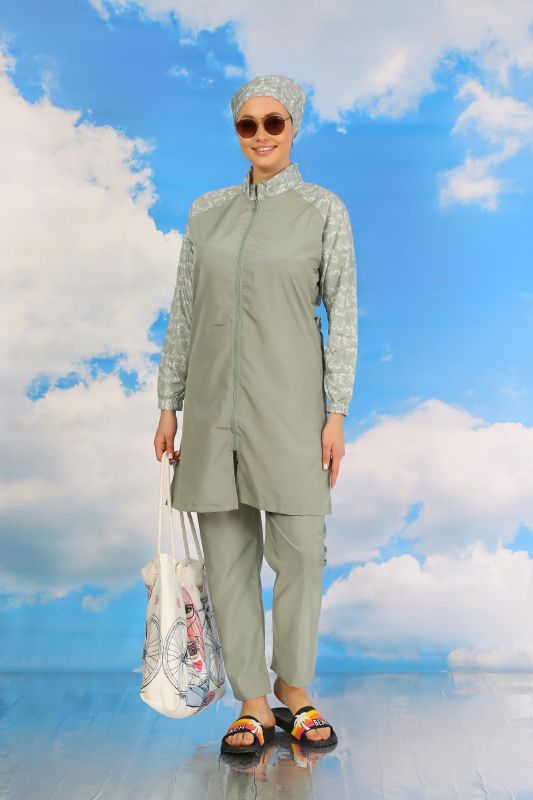 Moda Çizgi Kadın Pantolonlu Desenli Tam Tesettür Mayo Su Yeşili 31072 - 2