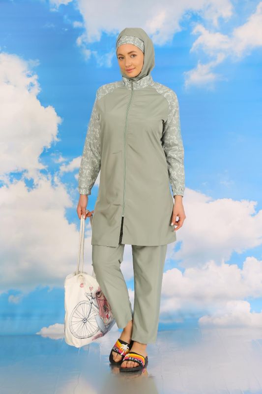 Moda Çizgi Kadın Pantolonlu Desenli Tam Tesettür Mayo Su Yeşili 31072 - 3