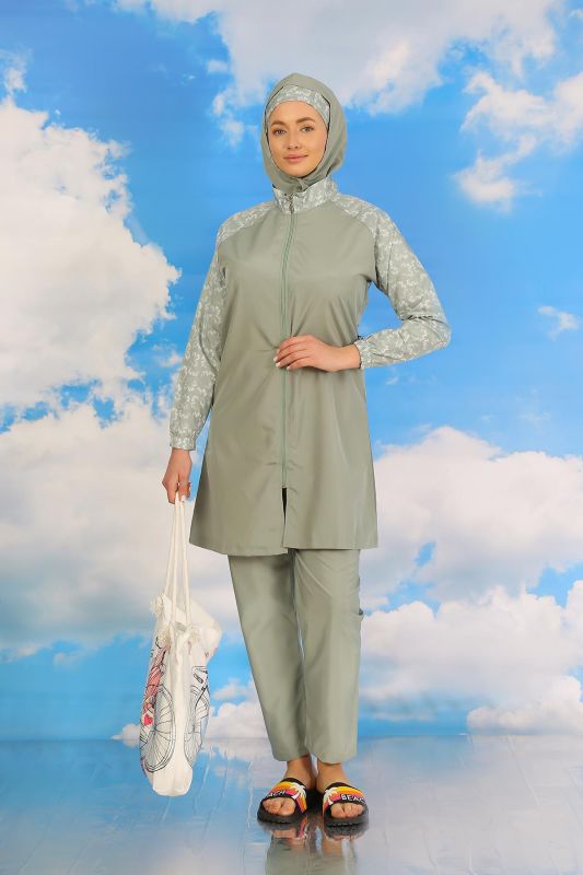Moda Çizgi Kadın Pantolonlu Desenli Tam Tesettür Mayo Su Yeşili 31072 - 6