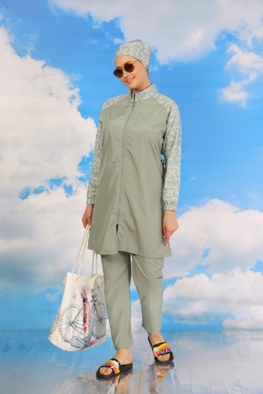 Moda Çizgi Kadın Pantolonlu Desenli Tam Tesettür Mayo Su Yeşili 31072 - 7
