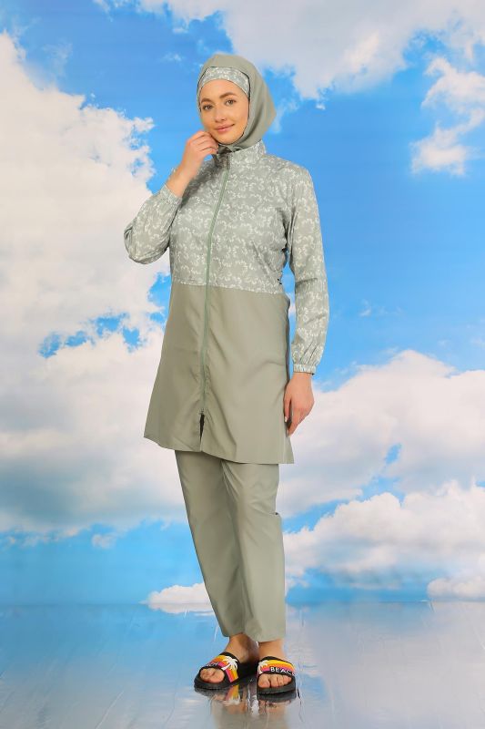 Moda Çizgi Kadın Pantolonlu Desenli Tam Tesettür Mayo Su Yeşili 31074 - 2