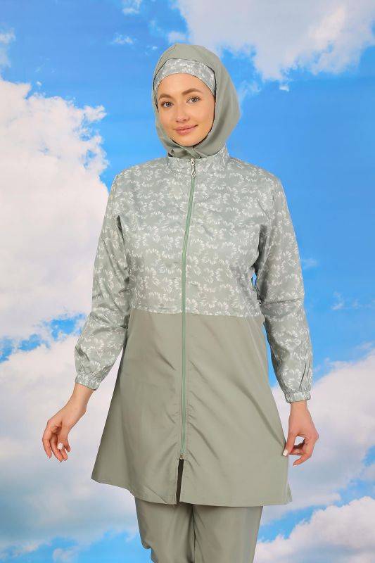 Moda Çizgi Kadın Pantolonlu Desenli Tam Tesettür Mayo Su Yeşili 31074 - 4