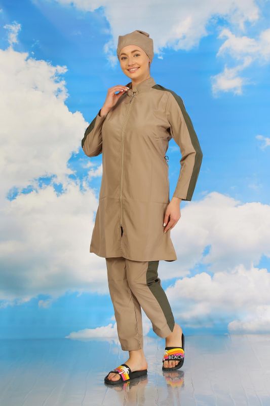Moda Çizgi Kadın Pantolonlu Kolu Şeritli Tam Tesettür Mayo Bej 31065 - 3