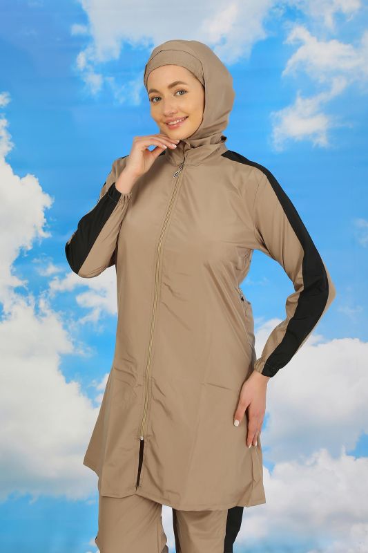 Moda Çizgi Kadın Pantolonlu Kolu Şeritli Tam Tesettür Mayo Bej 31066 - 1