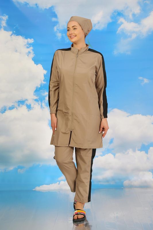Moda Çizgi Kadın Pantolonlu Kolu Şeritli Tam Tesettür Mayo Bej 31066 - 3