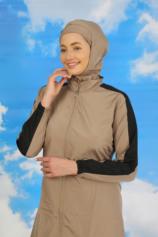Moda Çizgi Kadın Pantolonlu Kolu Şeritli Tam Tesettür Mayo Bej 31066 - 4