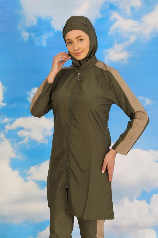 Moda Çizgi Kadın Pantolonlu Kolu Şeritli Tam Tesettür Mayo Haki 31065 - 2