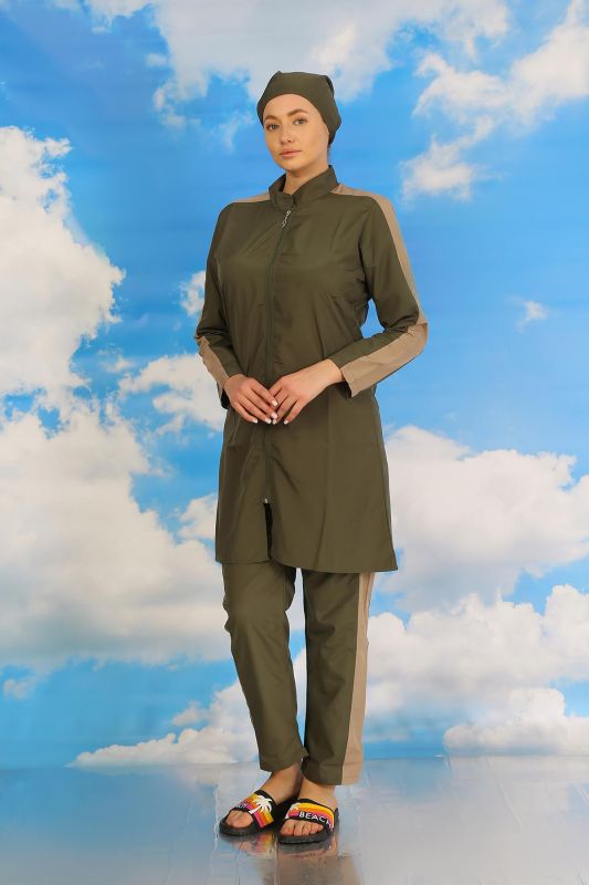 Moda Çizgi Kadın Pantolonlu Kolu Şeritli Tam Tesettür Mayo Haki 31065 - 6