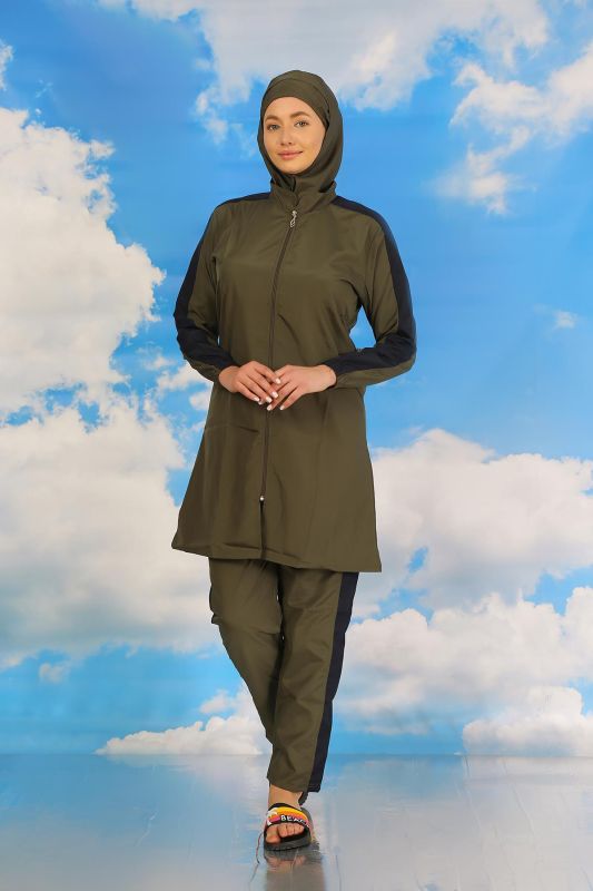 Moda Çizgi Kadın Pantolonlu Kolu Şeritli Tam Tesettür Mayo Haki 31066 - 1