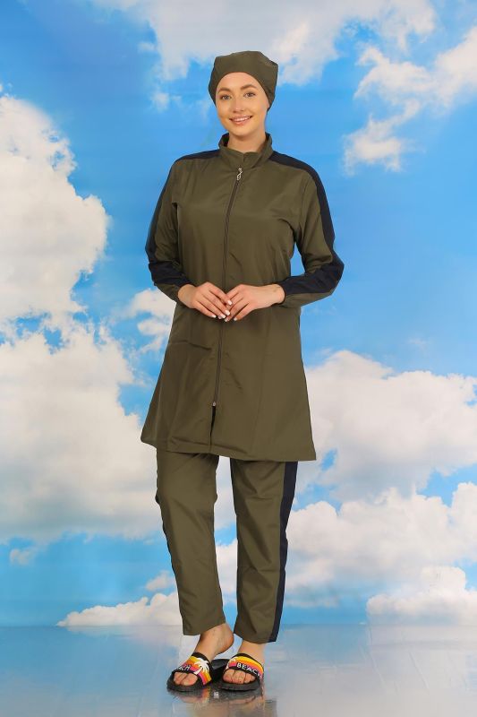 Moda Çizgi Kadın Pantolonlu Kolu Şeritli Tam Tesettür Mayo Haki 31066 - 2