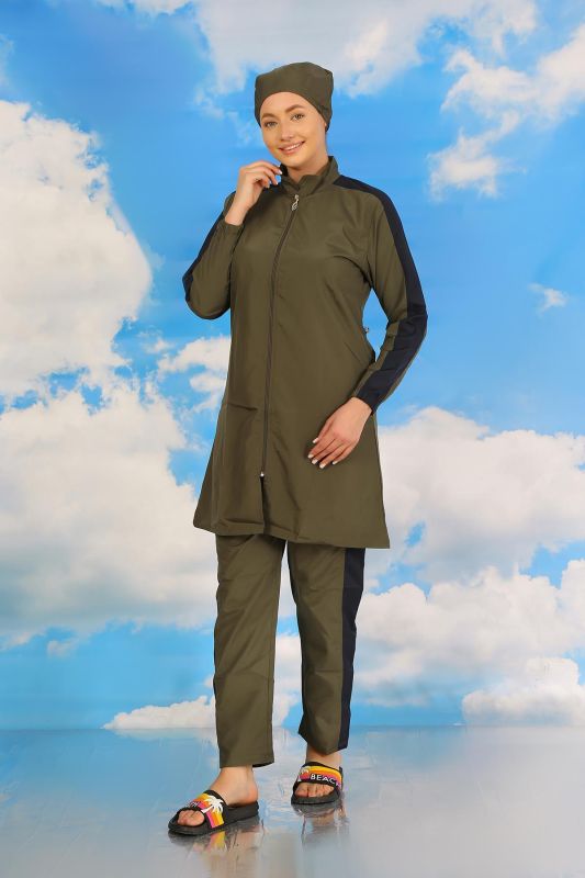 Moda Çizgi Kadın Pantolonlu Kolu Şeritli Tam Tesettür Mayo Haki 31066 - 4