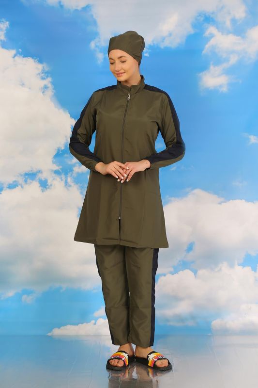 Moda Çizgi Kadın Pantolonlu Kolu Şeritli Tam Tesettür Mayo Haki 31066 - 6