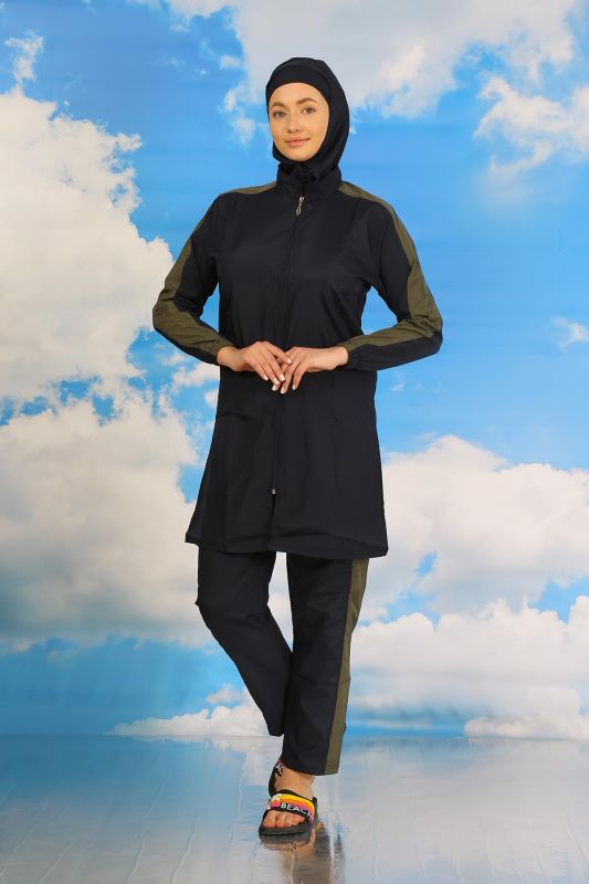 Moda Çizgi Kadın Pantolonlu Kolu Şeritli Tam Tesettür Mayo Lacivert 31065 - 4