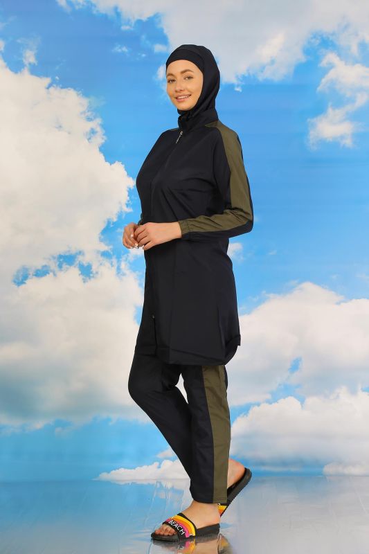 Moda Çizgi Kadın Pantolonlu Kolu Şeritli Tam Tesettür Mayo Lacivert 31065 - 5