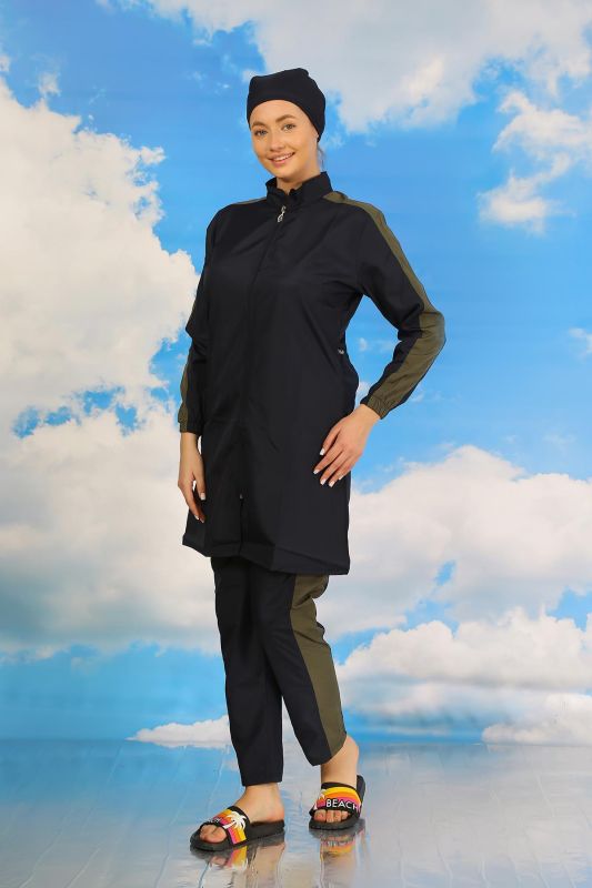 Moda Çizgi Kadın Pantolonlu Kolu Şeritli Tam Tesettür Mayo Lacivert 31065 - 6