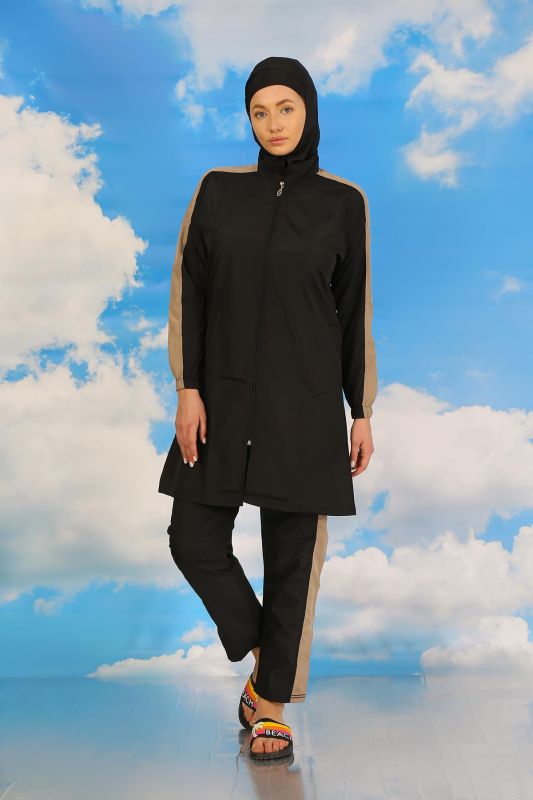 Moda Çizgi Kadın Pantolonlu Kolu Şeritli Tam Tesettür Mayo Siyah 31065 - 2