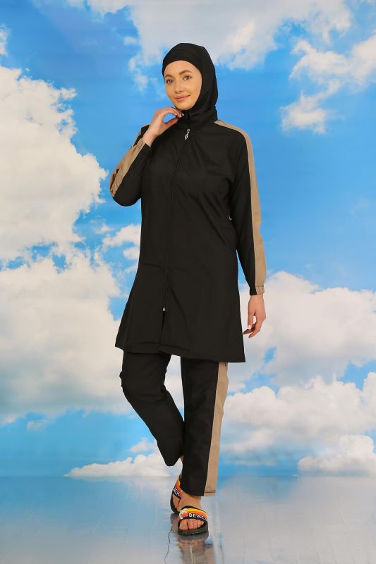 Moda Çizgi Kadın Pantolonlu Kolu Şeritli Tam Tesettür Mayo Siyah 31065 - 5