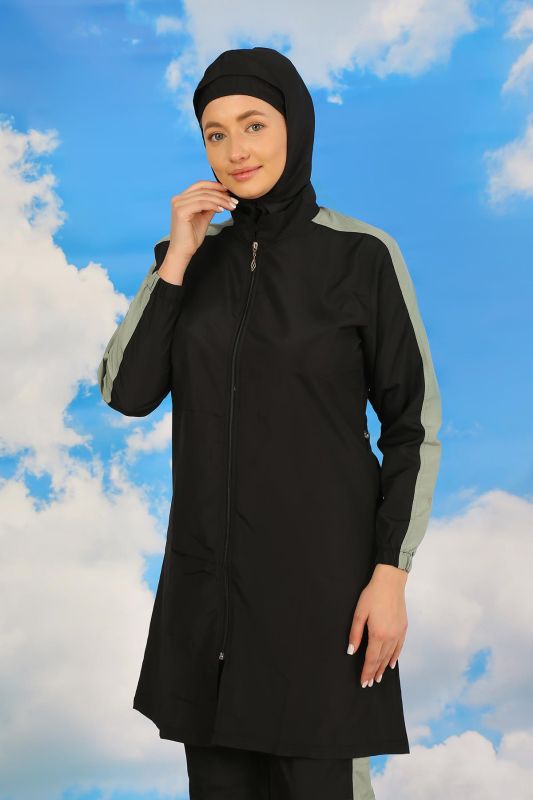 Moda Çizgi Kadın Pantolonlu Kolu Şeritli Tam Tesettür Mayo Siyah 31066 - 3