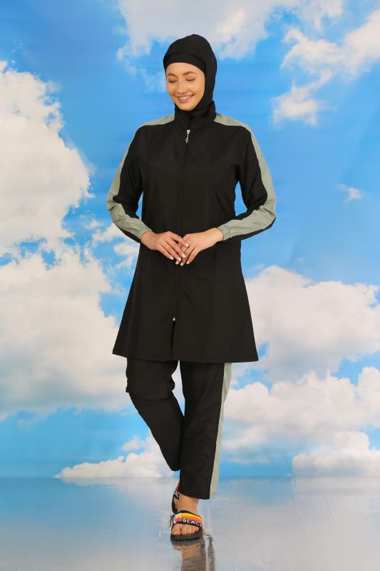 Moda Çizgi Kadın Pantolonlu Kolu Şeritli Tam Tesettür Mayo Siyah 31066 - 5