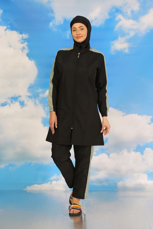 Moda Çizgi Kadın Pantolonlu Kolu Şeritli Tam Tesettür Mayo Siyah 31066 - 7