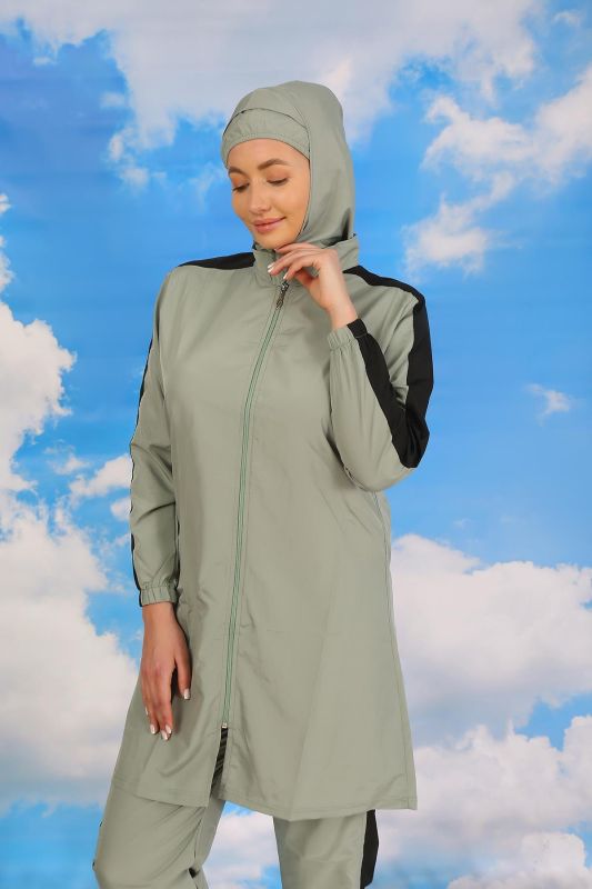 Moda Çizgi Kadın Pantolonlu Kolu Şeritli Tam Tesettür Mayo Su Yeşili 31065 - 1