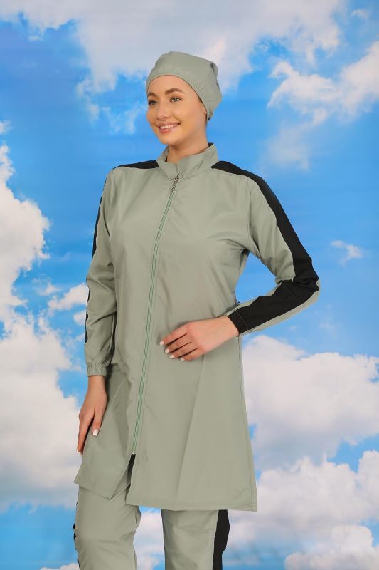 Moda Çizgi Kadın Pantolonlu Kolu Şeritli Tam Tesettür Mayo Su Yeşili 31065 - 3