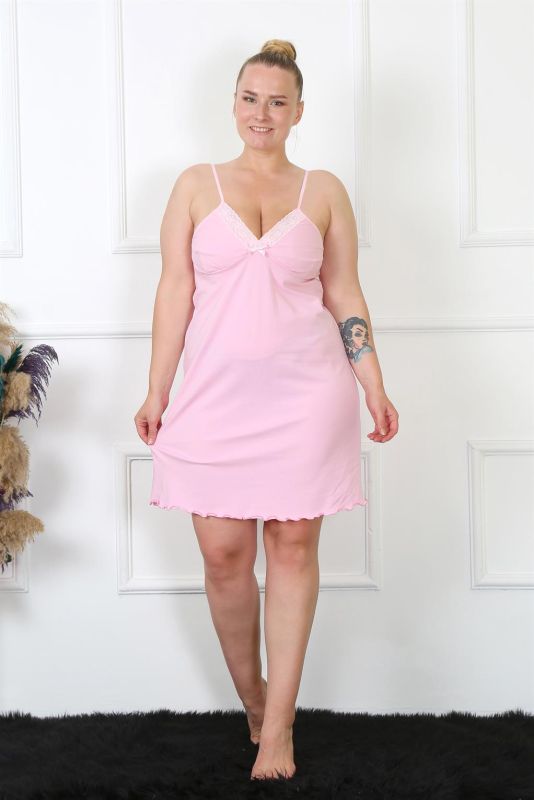Moda Çizgi Kadın Pembe Pamuklu İp Askılı Büyük Beden Gecelik 985 - 6