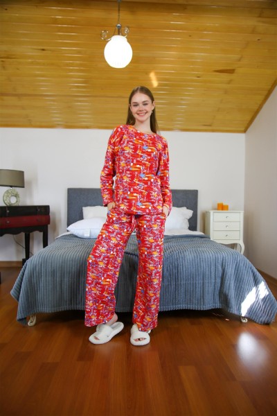 moda çizgi Kadın Penye Bol Paça Pijama Takım 4127 - Thumbnail