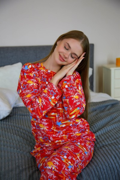 moda çizgi Kadın Penye Bol Paça Pijama Takım 4127 - Thumbnail