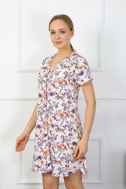 Moda Çizgi Kadın Penye Kısa Kol Düğmeli Ekru Tunik Gecelik 13104 - 1