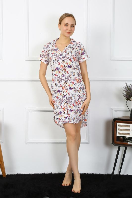 Moda Çizgi Kadın Penye Kısa Kol Düğmeli Ekru Tunik Gecelik 13104 - 4