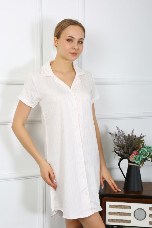 Moda Çizgi Kadın Penye Kısa Kol Düğmeli Ekru Tunik Gecelik 13107 - 5