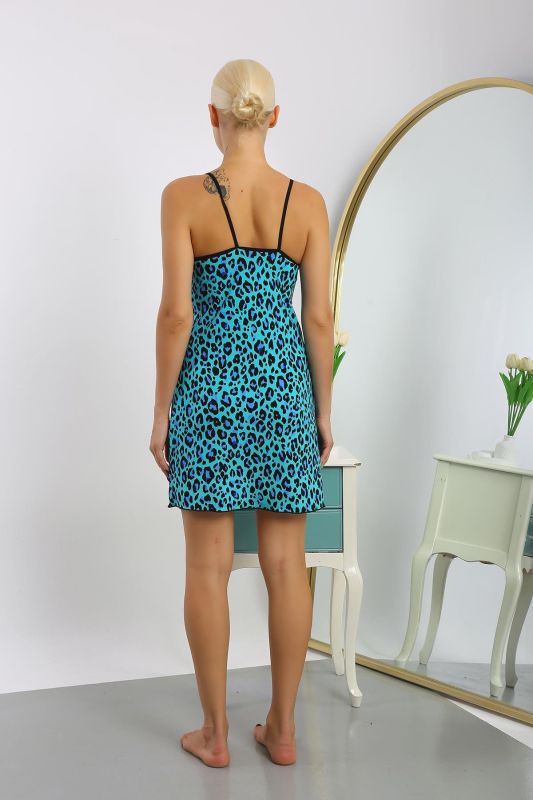 Moda Çizgi Kadın Penye Su Yeşili Leopar Desenli İp Askılı Gecelik 36712 - 5