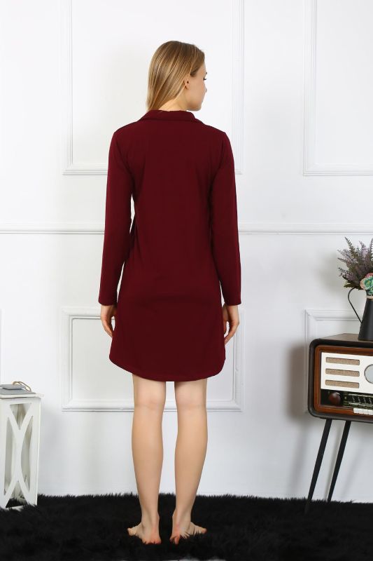Moda Çizgi Kadın Penye Uzun Kol Düğmeli Bordo Tunik Gecelik 13103 - 2