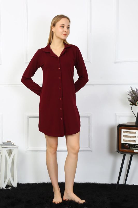 Moda Çizgi Kadın Penye Uzun Kol Düğmeli Bordo Tunik Gecelik 13103 - 3