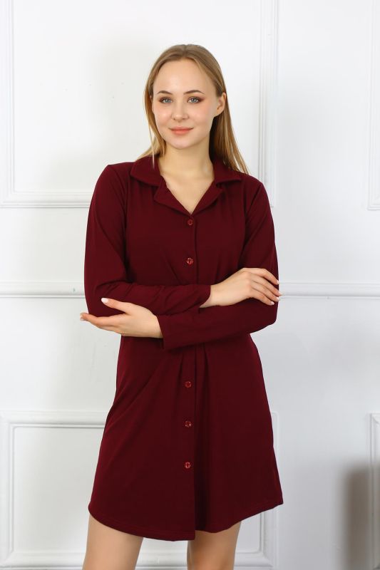 Moda Çizgi Kadın Penye Uzun Kol Düğmeli Bordo Tunik Gecelik 13103 - 5