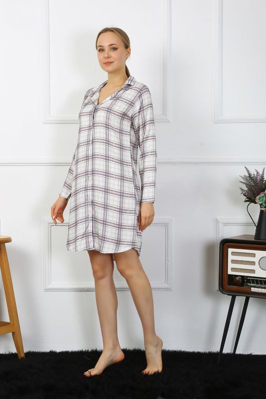 Moda Çizgi Kadın Penye Uzun Kol Düğmeli Ekru Tunik Gecelik 13102 - 1