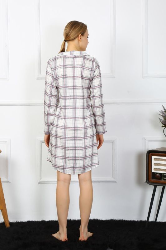 Moda Çizgi Kadın Penye Uzun Kol Düğmeli Ekru Tunik Gecelik 13102 - 5