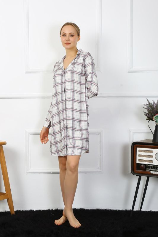 Moda Çizgi Kadın Penye Uzun Kol Düğmeli Ekru Tunik Gecelik 13102 - 6