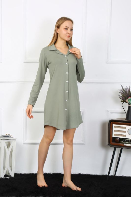 Moda Çizgi Kadın Penye Uzun Kol Düğmeli Haki Tunik Gecelik 13103 - 3