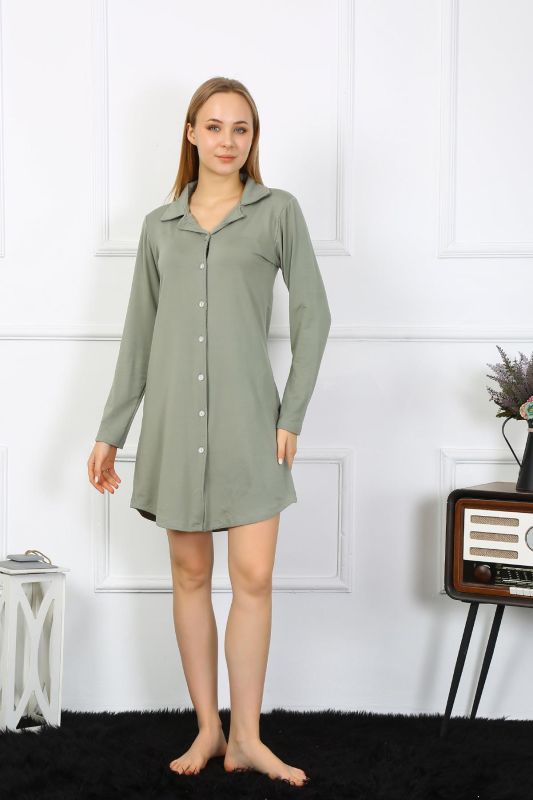 Moda Çizgi Kadın Penye Uzun Kol Düğmeli Haki Tunik Gecelik 13103 - 4