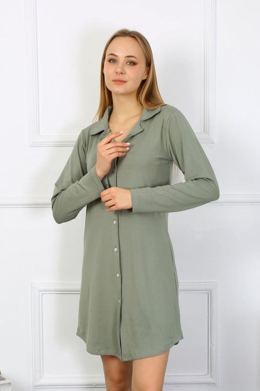 Moda Çizgi Kadın Penye Uzun Kol Düğmeli Haki Tunik Gecelik 13103 - 5